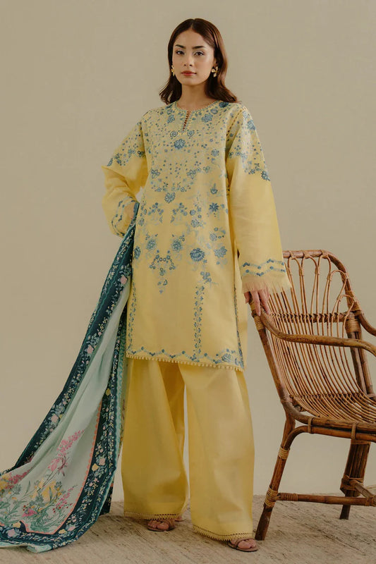 ZARASHAHJAHAN-3PC DHANAK EMBROIDERED SHIRT WITH COURTRAI WOOL PRINTED SHAWL AND TROUSER-W.J-1994