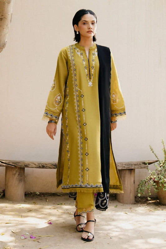 ZARA SHAHJAHAN-3PC DHANAK EMBROIDERED SHIRT WITH DHANAK EMBROIDERED SHAWL & DHANAK TOUSER- -W.J-1801