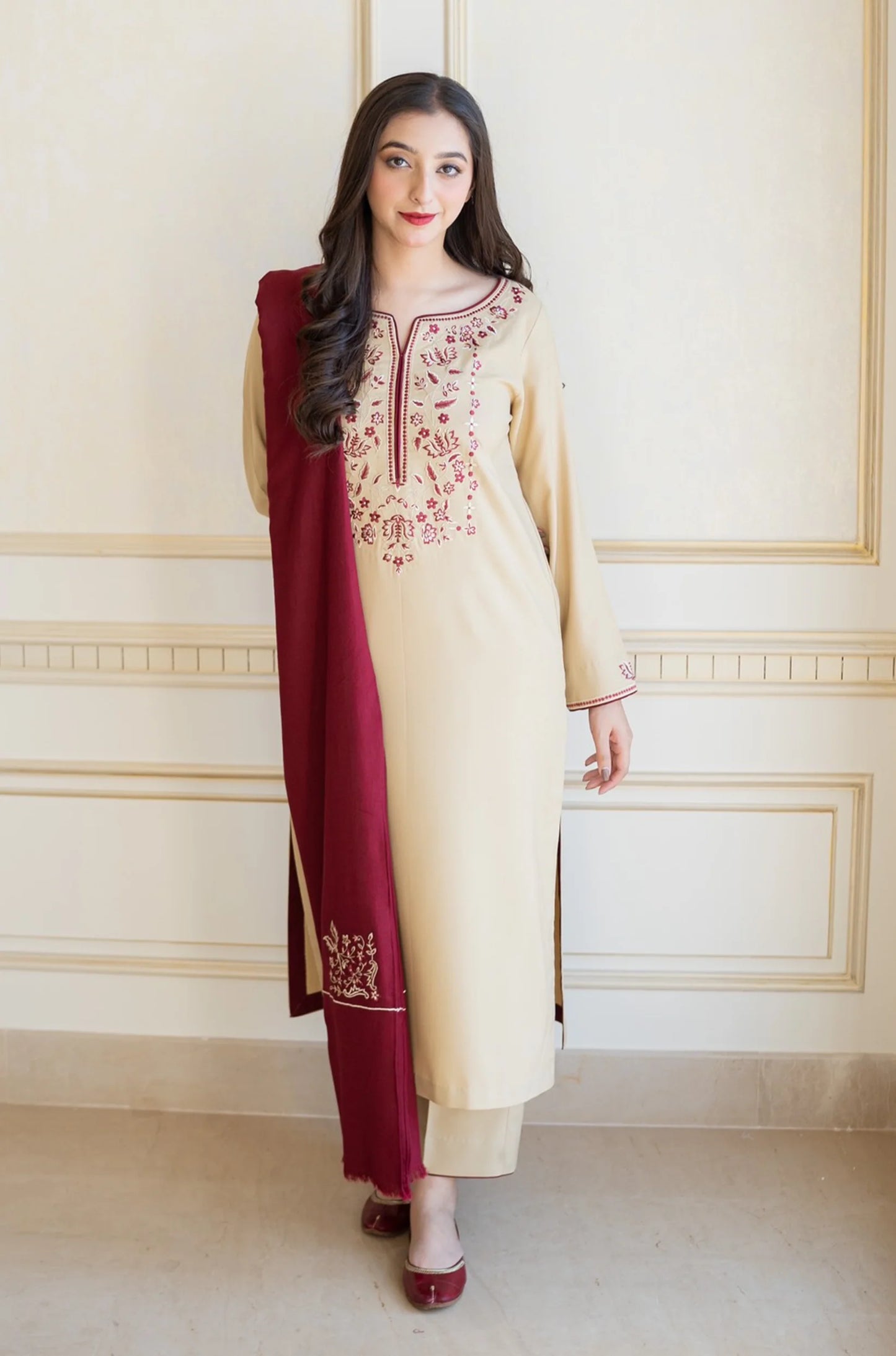 AISLING - 3PC DHANAK EMBROIDERED SHIRT WITH EMBROIDERED DHANAK SHAWL AND TROUSER-W.J-1195