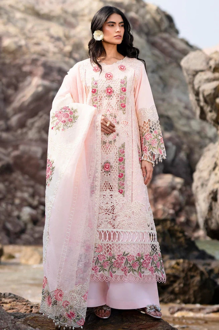 MAHNUR-3PC LAWN LASER WORK EMBROIDERED SHIRT WITH KHAADI NET EMBROIDERED DUPATTA AND TROUSER-W.J-4762