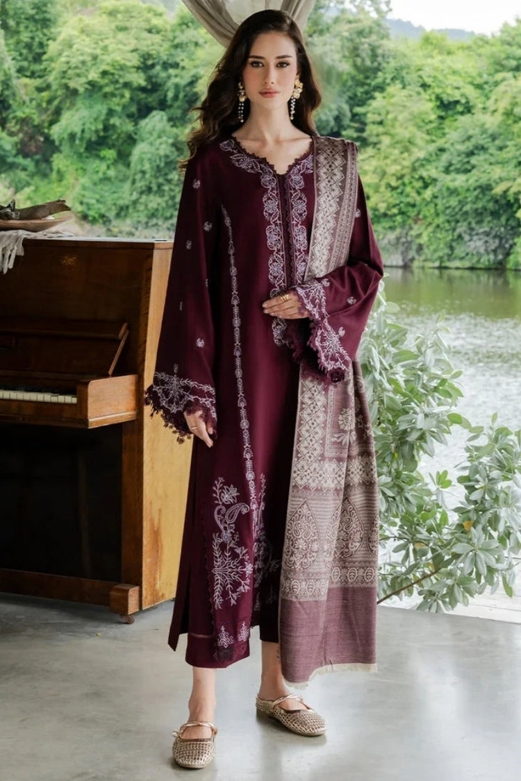 IZEL-3PC DHANAK EMBROIDERED SHIRT WITH COUTRAI PRINTED SHAWL AND TROUSER-W.J-5267
