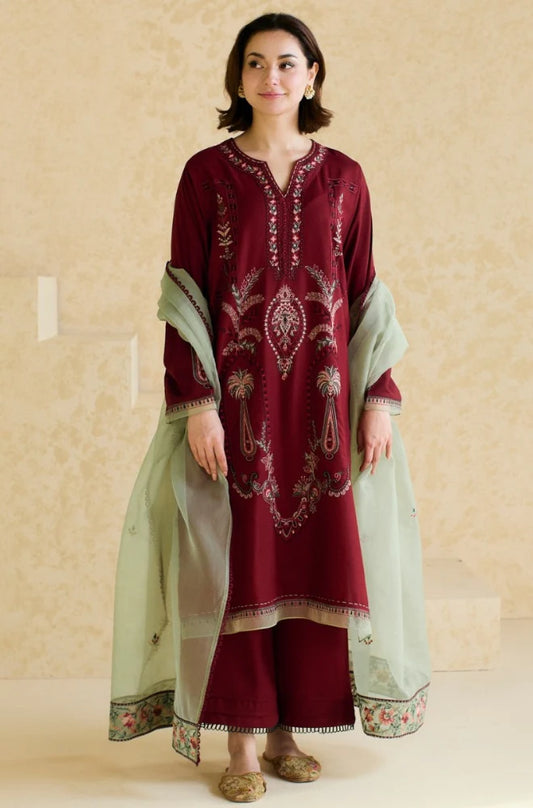 ZARA SHAHJAHAN - 3PC LAWN EMBROIDERED SHIRT WITH ORGANZA EMBROIDERED DUPATTA AND TROUSER -W.J-1790