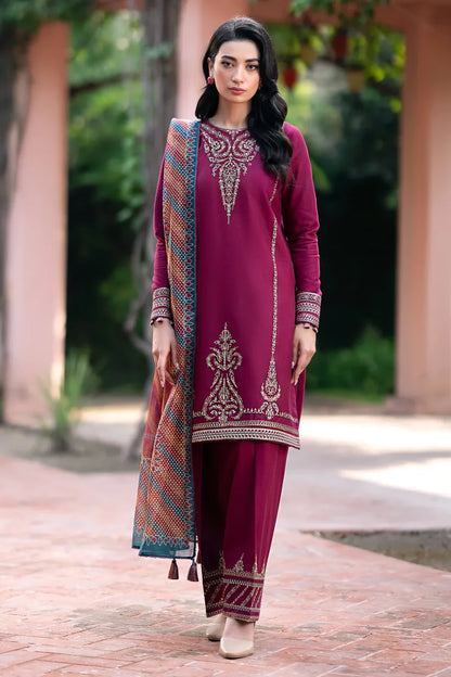 JAZMIN - 3PC DHANAK EMBROIDERED SHIRT WITH WOOL PRINTED SHAWL & TROUSER-W.J-1361