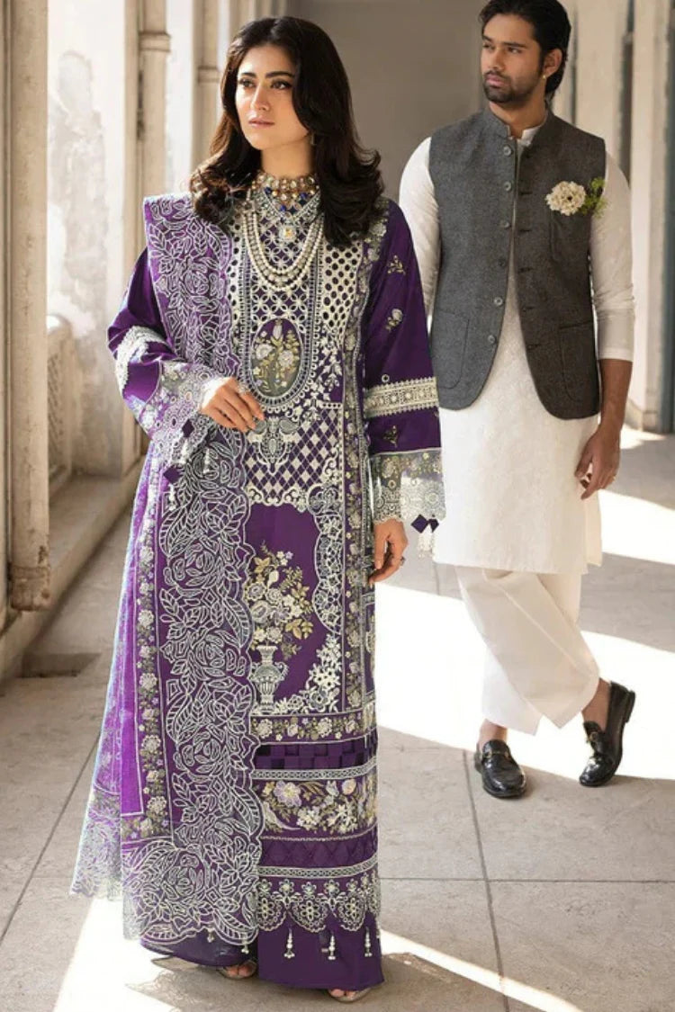 MAHNUR-3PC LAWN EMBROIDERED SHIRT WITH KHADDI NET EMBROIDERED DUPATTA AND TROUSER-W.J-4609 (PLUM)