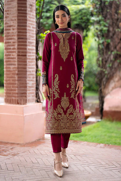 JAZMIN- 3PC DHANAK EMBROIDERED SHIRT WITH WOOL PRINT SHAWL AND TROUSER-W.J-1027