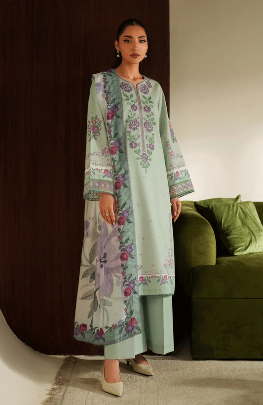 SERAN-3PC DHANAK EMBROIDERED SHIRT WITH COURTRAI PRINTED SHAWL & TROUSER-W.J-2043
