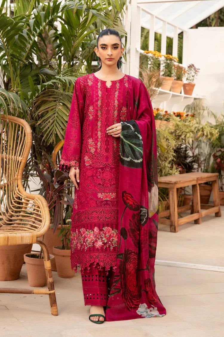 BAROUQE-3PC LAWN CHIKANKARI EMBROIDERED SHIRT WITH CHIFOON PRINTED DUPATTA AND EMB TROUSER-W.J-4736