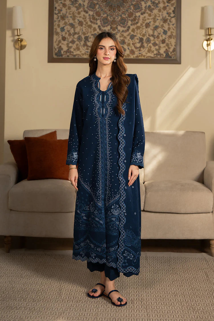SAPPHIRE-3PC DHANAK EMBROIDERED SHIRT WITH DHANAK EMBROIDERED SHAWL AND TROUSER-W.J-4392