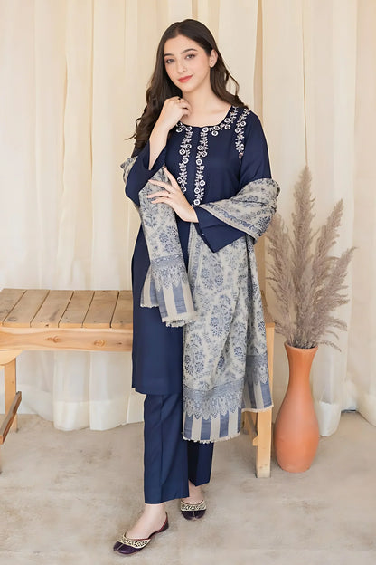 AISLING - 3PC DHANAK EMBROIDERED SHIRT WITH COTURE WOOL PRINTED SHAWL AND TROUSER -W.J-1284