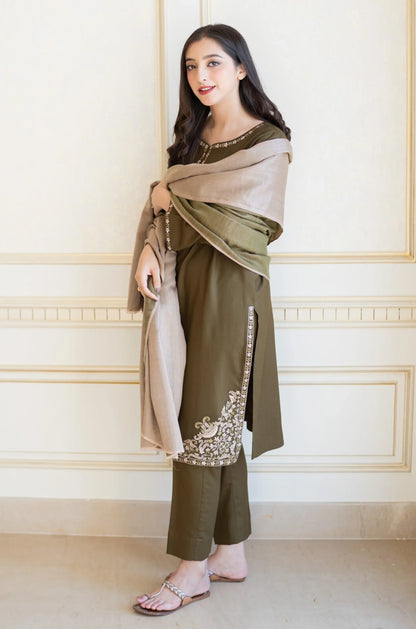AISLING-3PC DHANAK EMBROIDERED SHIRT WITH COURTRAI PRINTED SHAWL & TROUSER-W.J-1207