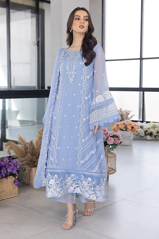 AZURE - 3PC ORGANZA EMBROIDERED LAWN SHIRT WITH ORGANZA EMBROIDERED DUPATTA AND TROUSER-W.J-1492