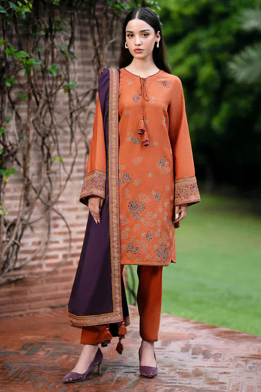 JAZMIN- 3PC DHANAK EMBROIDERED SHIRT WITH WOOL PRINT SHAWL AND TROUSER-W.J-1037