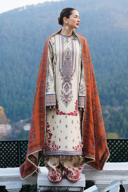 HUSSAIN REHAR-3PC DHANAK EMBROIDERED SHIRT WITH COURTRAI PRINTED SHAWL AND TROUSER-W.J-2014