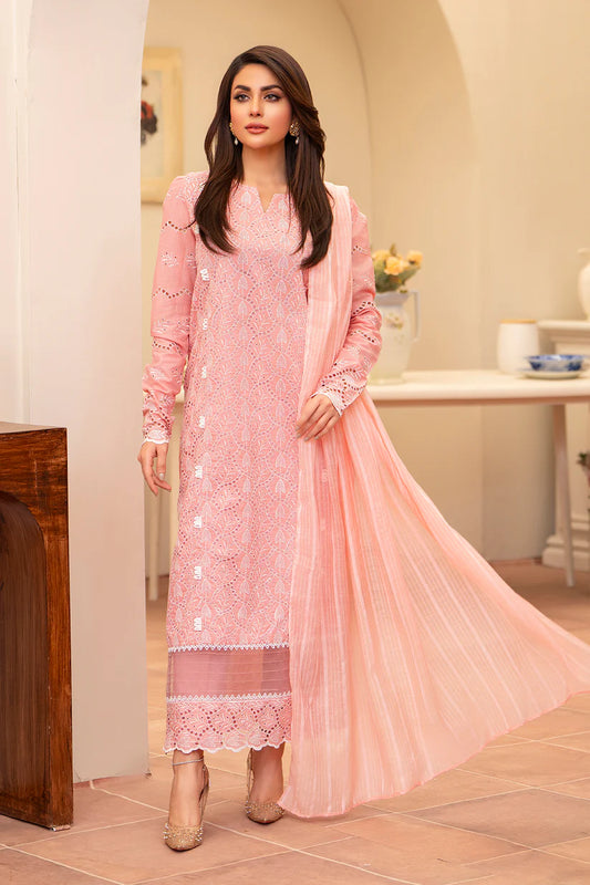MIRAKHI-3PC LAWN CHIKENKARI EMBROIDERED SHIRT WITH LAWN TUBE SLUB DUPATTA-W.J-1696