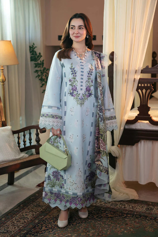 QALAMQAR-3PC DHANAK EMBROIDERED SHIRT WITH COURTRAI PRINTED SHAWL AND TROUSER-W.J-1903