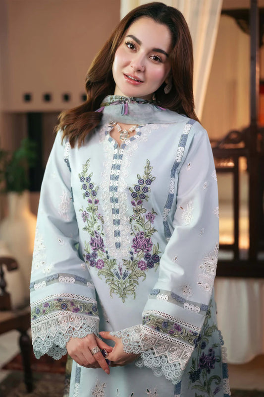 QALAMQAR-3PC DHANAK EMBROIDERED SHIRT WITH COURTRAI PRINTED SHAWL AND TROUSER-W.J-1903