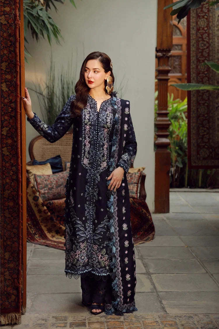 QALAMQAR-3PC DHANAK EMBROIDERED SHIRT WITH DHANAK EMBROIDERED SHAWL AND TROUSER-W.J-5041