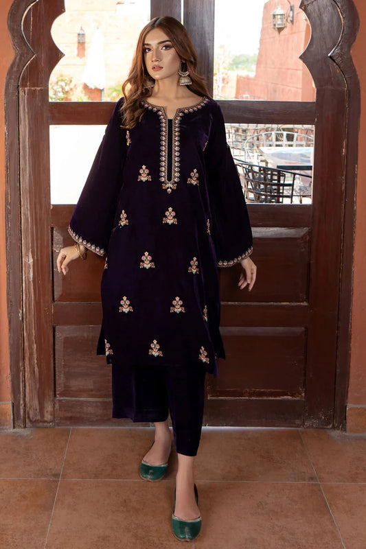 URGE - 2PC VELVET HEAVT EMBROIDERED SHIRT WITH VELEVT EMBROIDERED SLEEVES & VELVET TROUSER-D22 MICROO 9000-W.J-1790