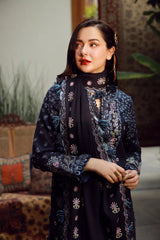 QALAMQAR-3PC DHANAK EMBROIDERED SHIRT WITH DHANAK EMBROIDERED SHAWL AND TROUSER-W.J-5041