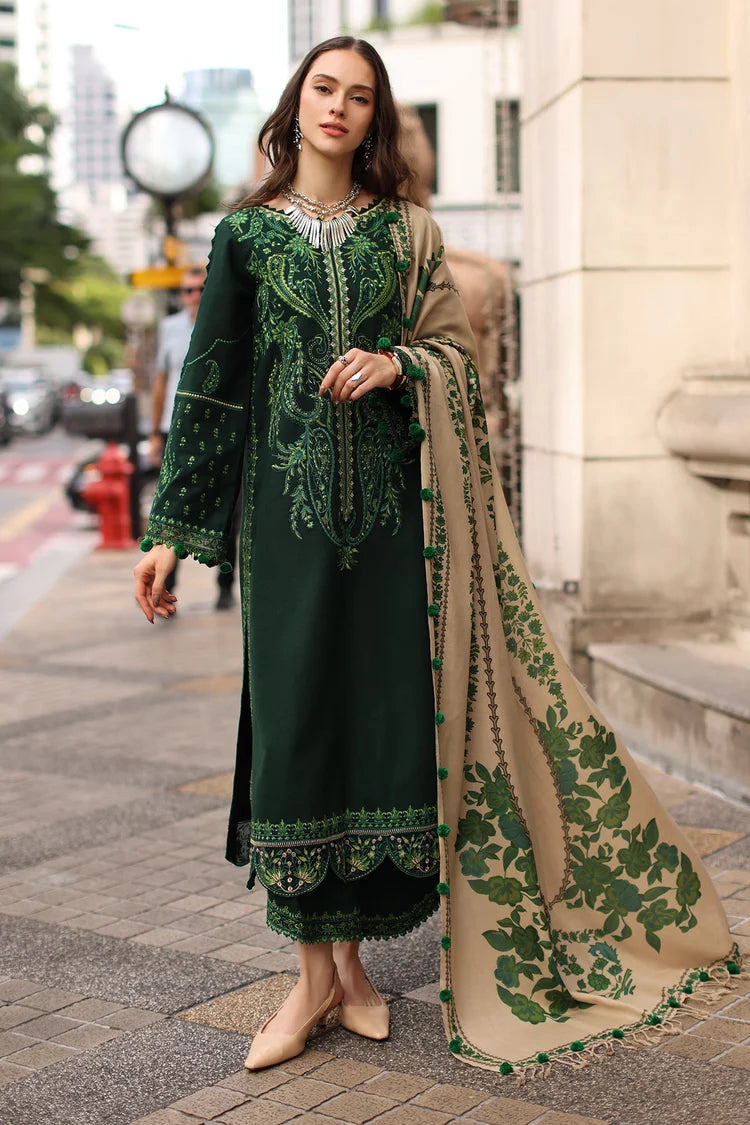 CHARIZMA-3PC DHANAK EMBROIDERED SHIRT WITH COUTRAI PRINTED SHAWL AND EMB TROUSER-W.J-5321