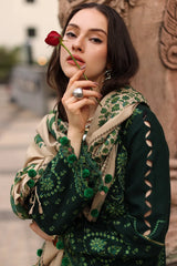 CHARIZMA-3PC DHANAK EMBROIDERED SHIRT WITH COUTRAI PRINTED SHAWL AND EMB TROUSER-W.J-5321