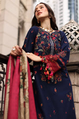 CHARIZMA-3PC DHANAK EMBROIDERED SHIRT WITH COUTRAI PRINTED SHAWL AND EMB TROUSER-W.J-5318