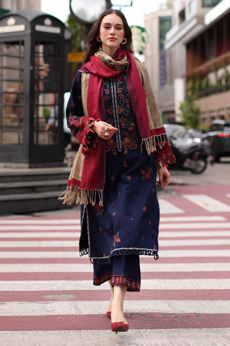 CHARIZMA-3PC DHANAK EMBROIDERED SHIRT WITH COUTRAI PRINTED SHAWL AND EMB TROUSER-W.J-5318