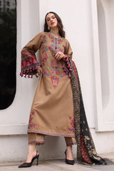 CHARIZMA-3PC DHANAK EMBROIDERED SHIRT WITH COUTRAI PRINTED SHAWL AND EMB TROUSER-W.J-5319