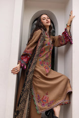 CHARIZMA-3PC DHANAK EMBROIDERED SHIRT WITH COUTRAI PRINTED SHAWL AND EMB TROUSER-W.J-5319