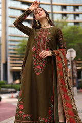 CHARIZMA-3PC DHANAK EMBROIDERED SHIRT WITH COUTRAI PRINTED SHAWL AND EMB TROUSER-W.J-5320