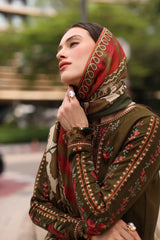 CHARIZMA-3PC DHANAK EMBROIDERED SHIRT WITH COUTRAI PRINTED SHAWL AND EMB TROUSER-W.J-5320