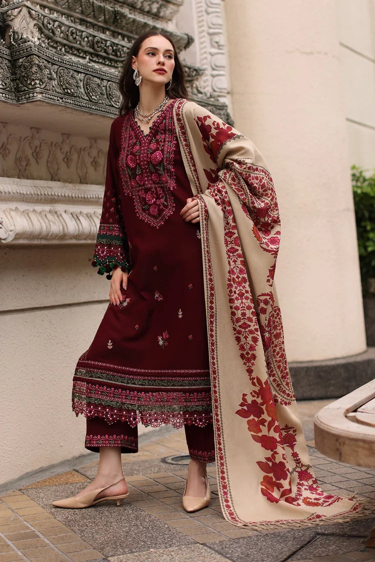 CHARIZMA-3PC DHANAK EMBROIDERED SHIRT WITH COUTRAI PRINTED SHAWL AND EMB TROUSER-W.J-5317