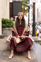 CHARIZMA-3PC DHANAK EMBROIDERED SHIRT WITH COUTRAI PRINTED SHAWL AND EMB TROUSER-W.J-5317