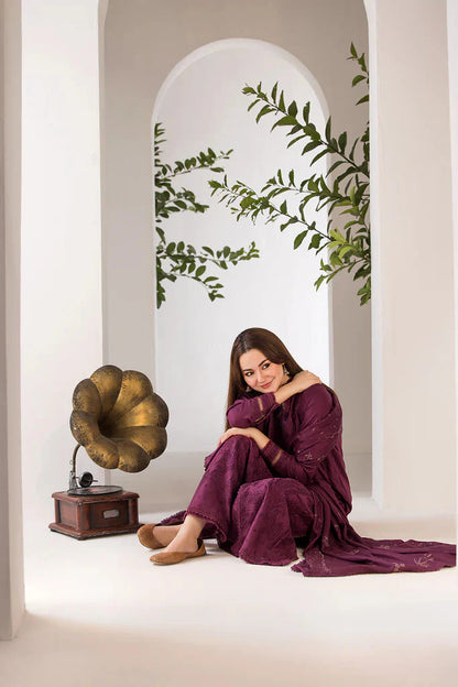 SOBIA NAZIR - 3PC DHANAK EMBROIDERED SHIRT WITH DHANAK EMBROIDERED SHAWL AND TROUSE-W.J-1382