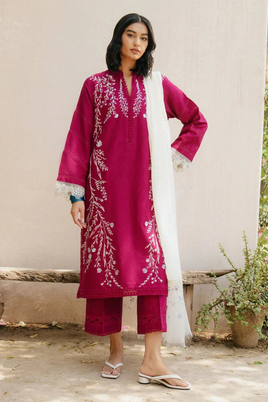 ZARASHAHJAHAN-3PC DHANAK EMBROIDERED SHIRT WITH COTTON NET EMBROIDERED DUPATTA AND TROUSER-W.J-1909