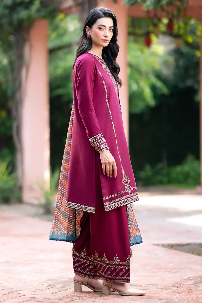 JAZMIN - 3PC DHANAK EMBROIDERED SHIRT WITH WOOL PRINTED SHAWL & TROUSER-W.J-1361