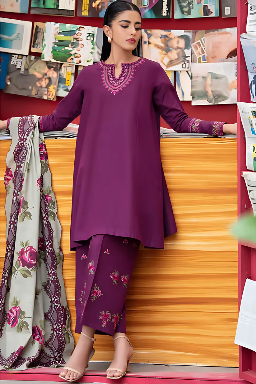 SAPPHIRE - 3PC DHANAK EMBROIDERED SHIRT WITH DHA COUTURE WOOL PRINT SHAWL AND TROUSER-W.J-1389