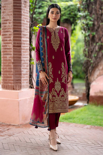 JAZMIN- 3PC DHANAK EMBROIDERED SHIRT WITH WOOL PRINT SHAWL AND TROUSER-W.J-1027