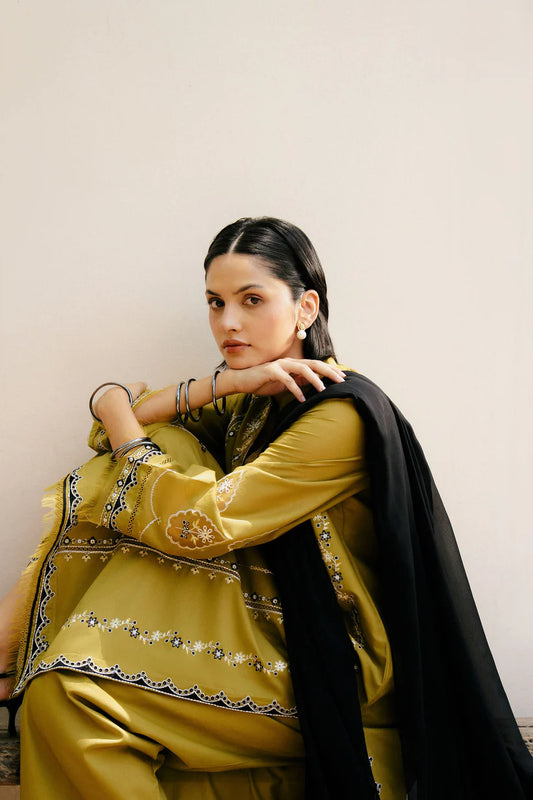 ZARA SHAHJAHAN-3PC DHANAK EMBROIDERED SHIRT WITH DHANAK EMBROIDERED SHAWL & DHANAK TOUSER- -W.J-1801