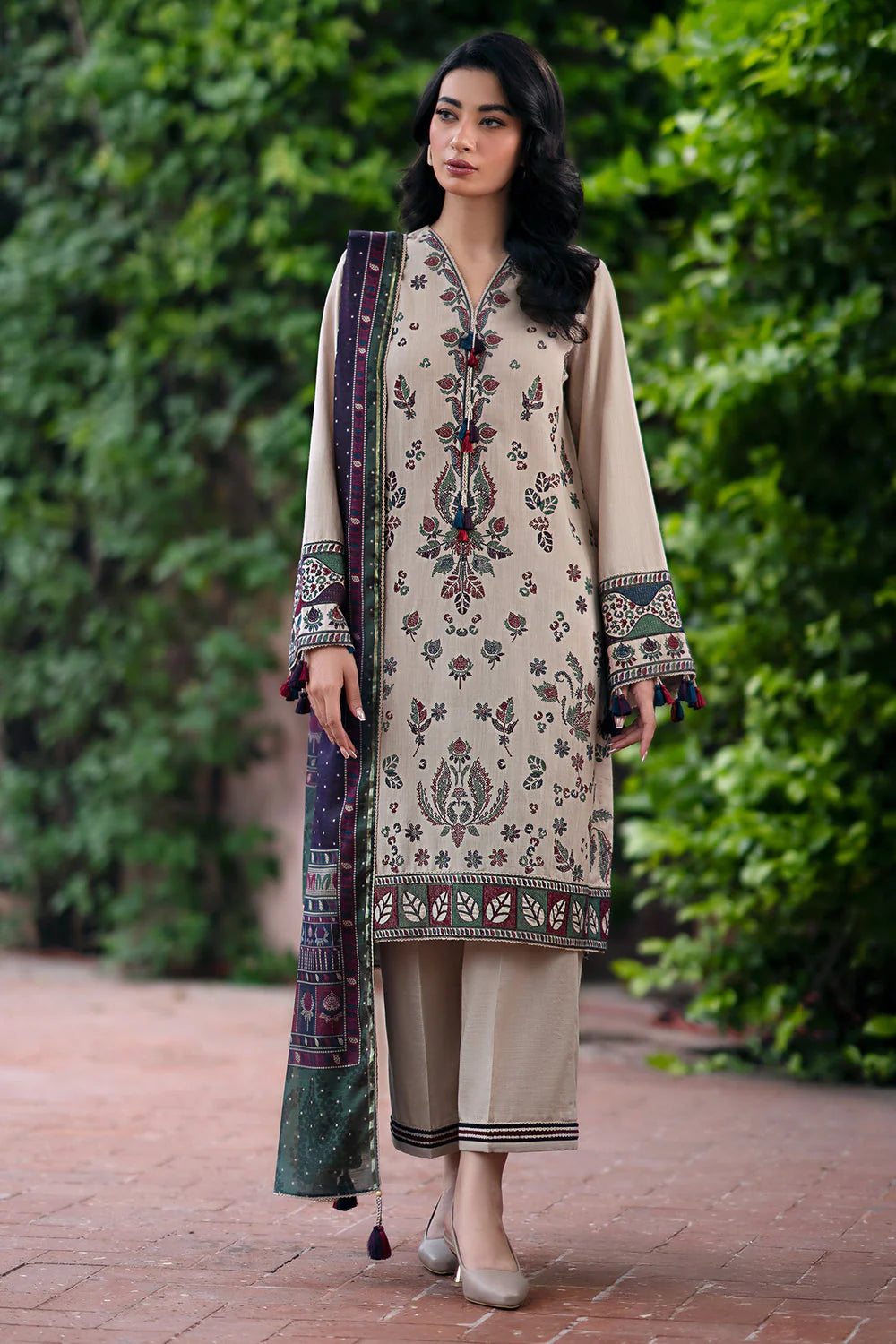 JAZMIN-3PC DHANAK EMBROIDRED SHIRT WITH WOOL PRINT SHAWL AND TROUSER-W.J-1085