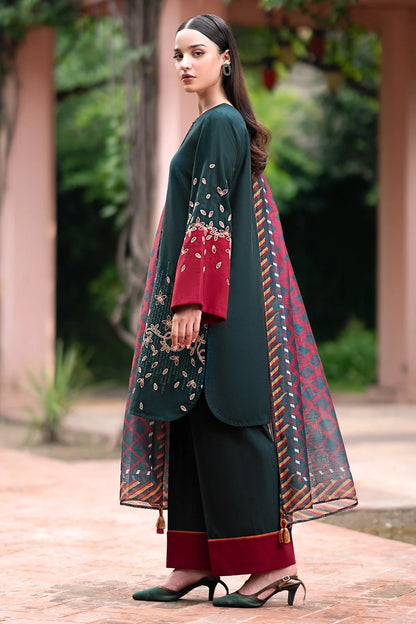 JAZMIN-3PC DHANAK EMBROIDRED SHIRT WITH WOOL PRINT SHAWL AND TROUSER-W.J-1023