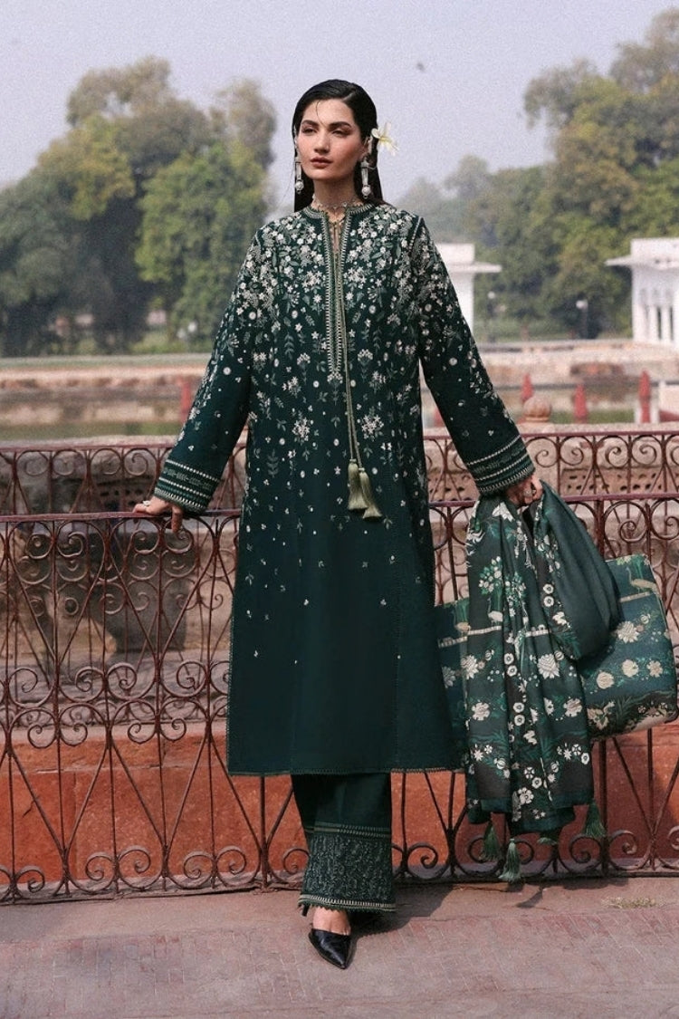 HUSSAIN REHAR-3PC DHANAK EMBROIDERED SHIRT WITH COUTRAI PRINTED SHAWL AND EMB TROUSER-W.J-5273