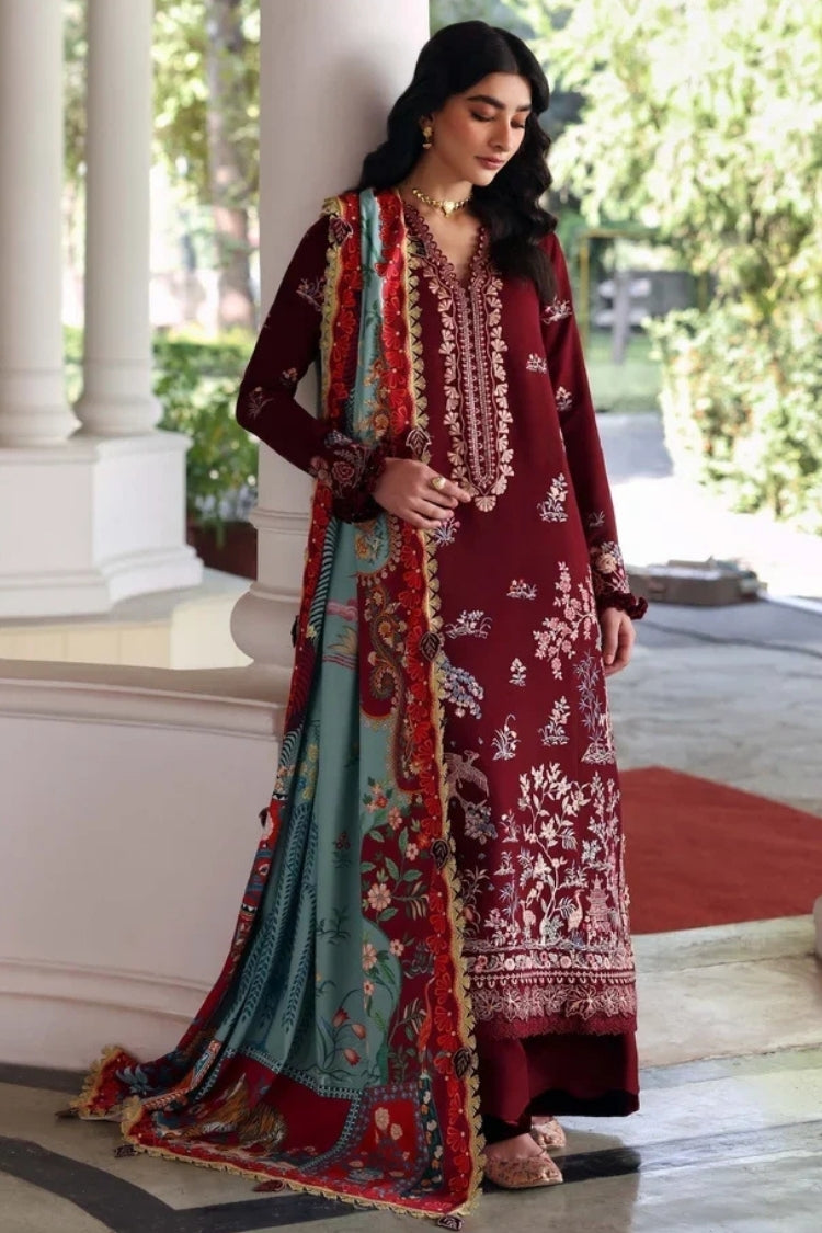 REPUBLIC WOMENSWEAR-3PC DHANAK EMBROIDERED SHIRT WITH COUTRAI PRINTED SHAWL AND TROUSER-W.J-5252