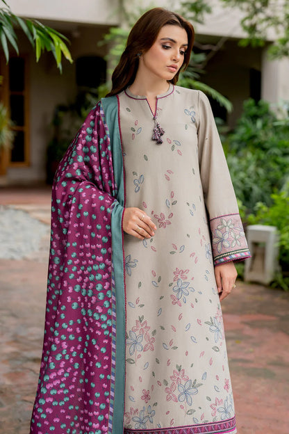 JAZMIN-3PC DHANAK EMBROIDRED SHIRT WITH WOOL PRINT SHAWL AND TROUSER-W.J-1003