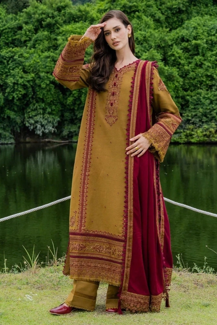 MUSHQ-3PC DHANAK EMBROIDERED SHIRT WITH DHANAK EMB SHAWL & TROUSER-W.J-5224