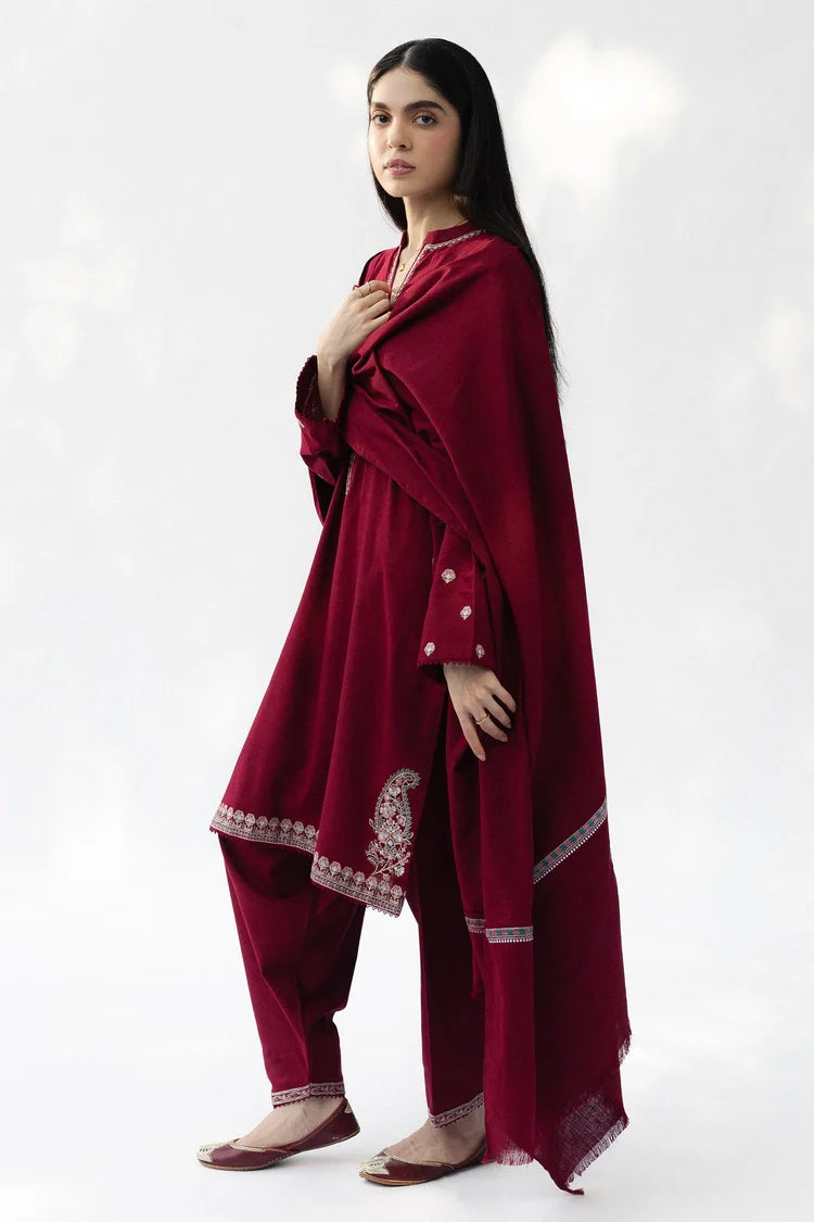 ZARA SHAHJAHAN-3PC DHANAK EMBROIDERED SHIRT WITH DHANAK EMBROIDERED SHAWL AND TROUSER-W.J-5021