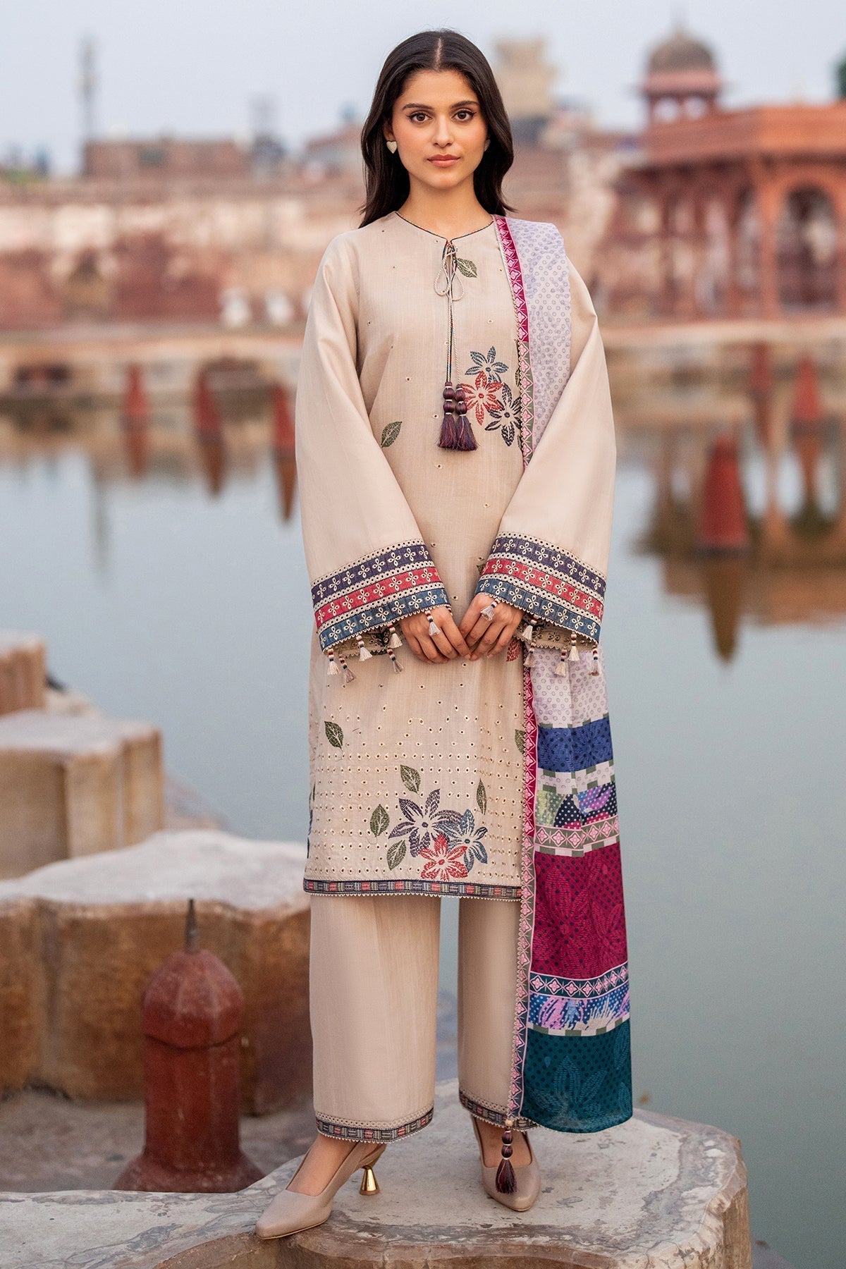 JAZMIN-3PC LAWN EMBROIDERED SHIRT WITH MONARK PRINTED DUPATTA AND TROUSER-W.J-1599