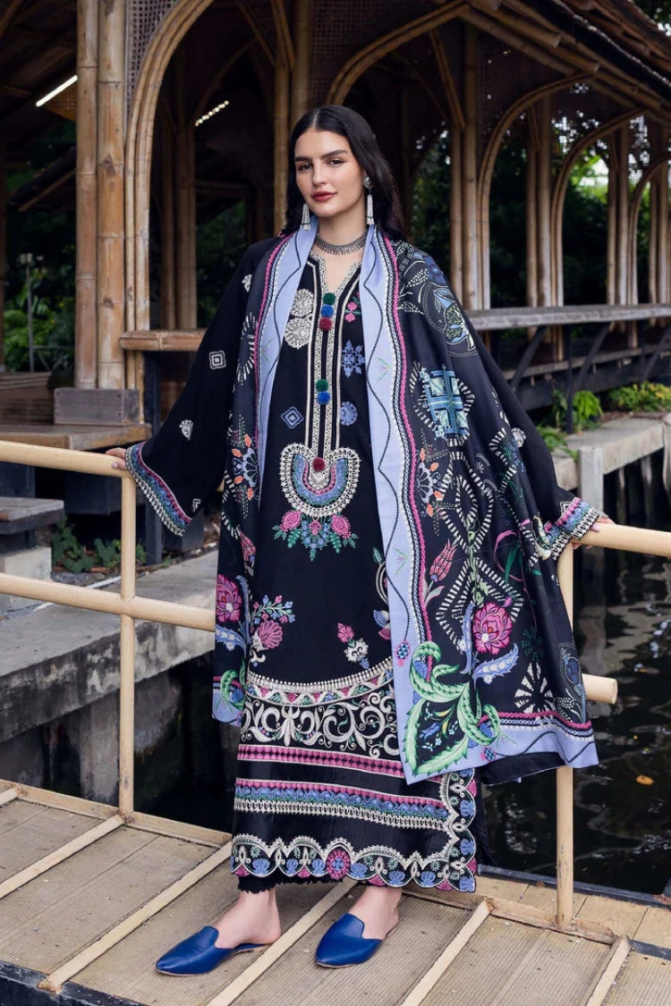 MUSHQ-3PC DHANAK EMBROIDERED SHIRT WITH COURTRAI WOOL PRINT SHAWL AND TROUSER-W.J-4415
