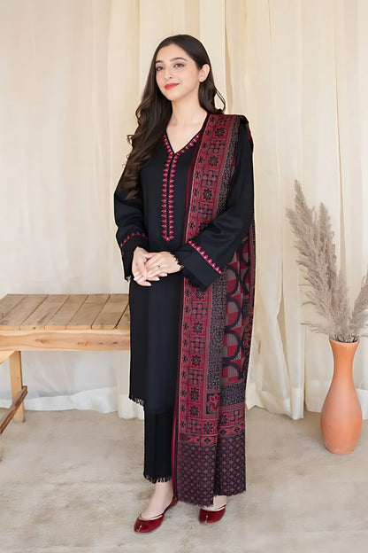 ASLING 3PC DHANAK EMBROIDERED WITH WOOL PRINT SHAWL-W.J-1205