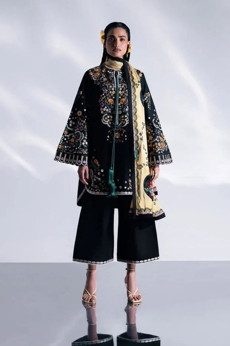 HUSSAIN REHAR-3PC DHANAK EMBROIDERED SHIRT WITH COUTRAI PRINTED SHAWL AND TROUSER-W.J-5237